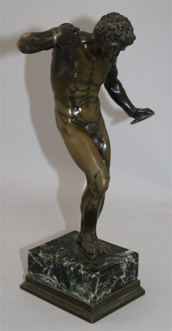 After the Antique. A 19th century bronze figure of a dancing faun, 12.75in.